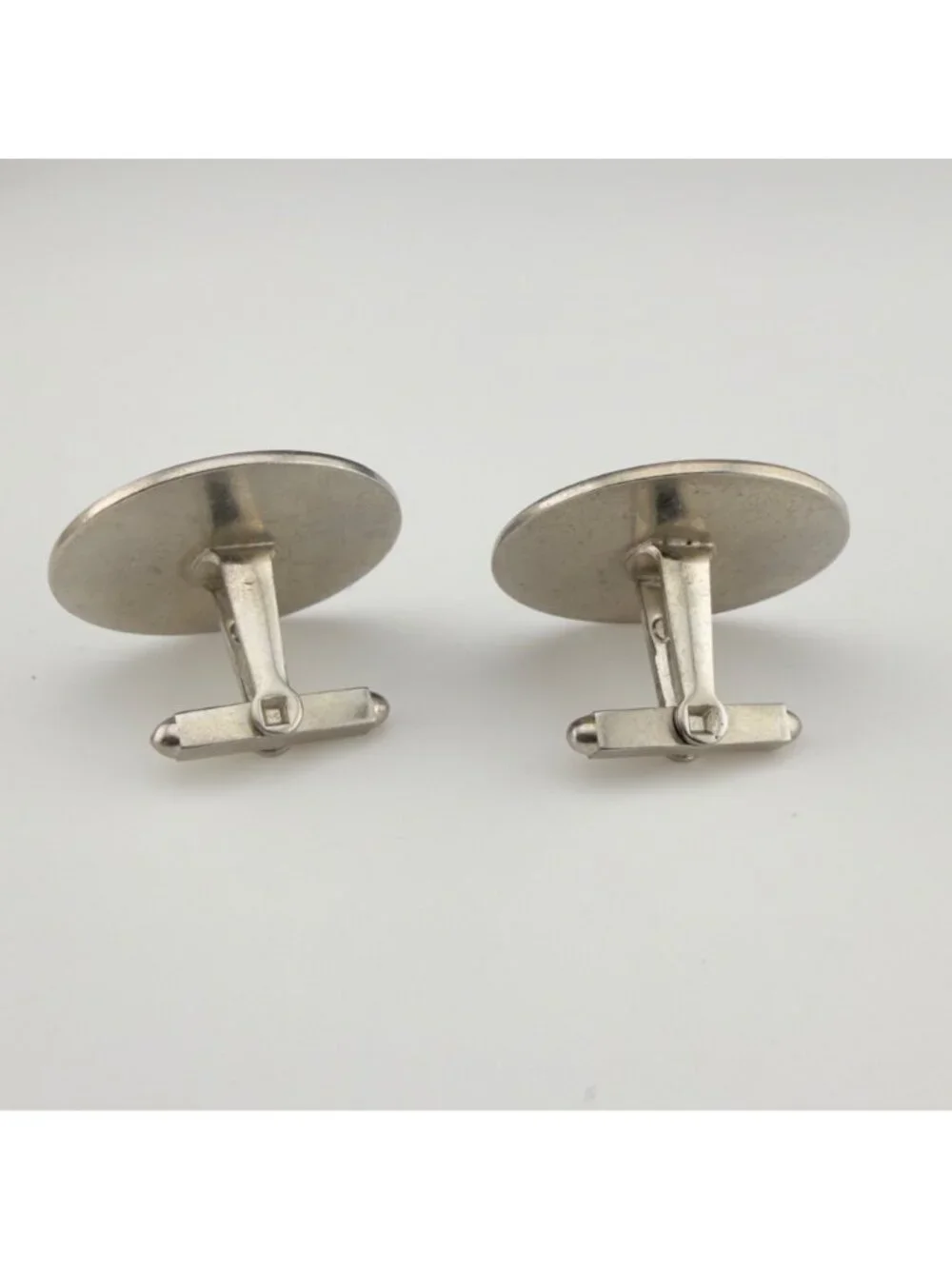 Vintage Round Silver Toned Cufflinks Geometric Pattern Design